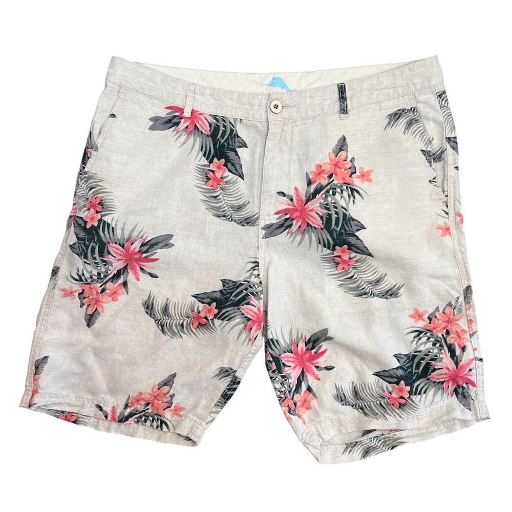 Tommy Bahama Mens 100% Linen Tropical Floral Palm Shorts Beige Pink Size 36
